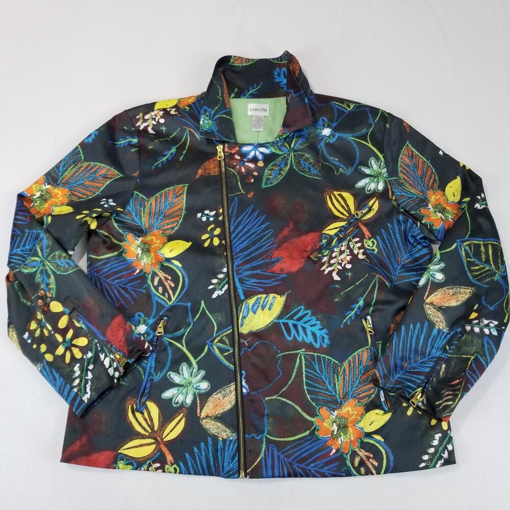 Chico's Jacket Size 3 XL Black Zip Up Stretch Lightweight Floral Moto Artsy